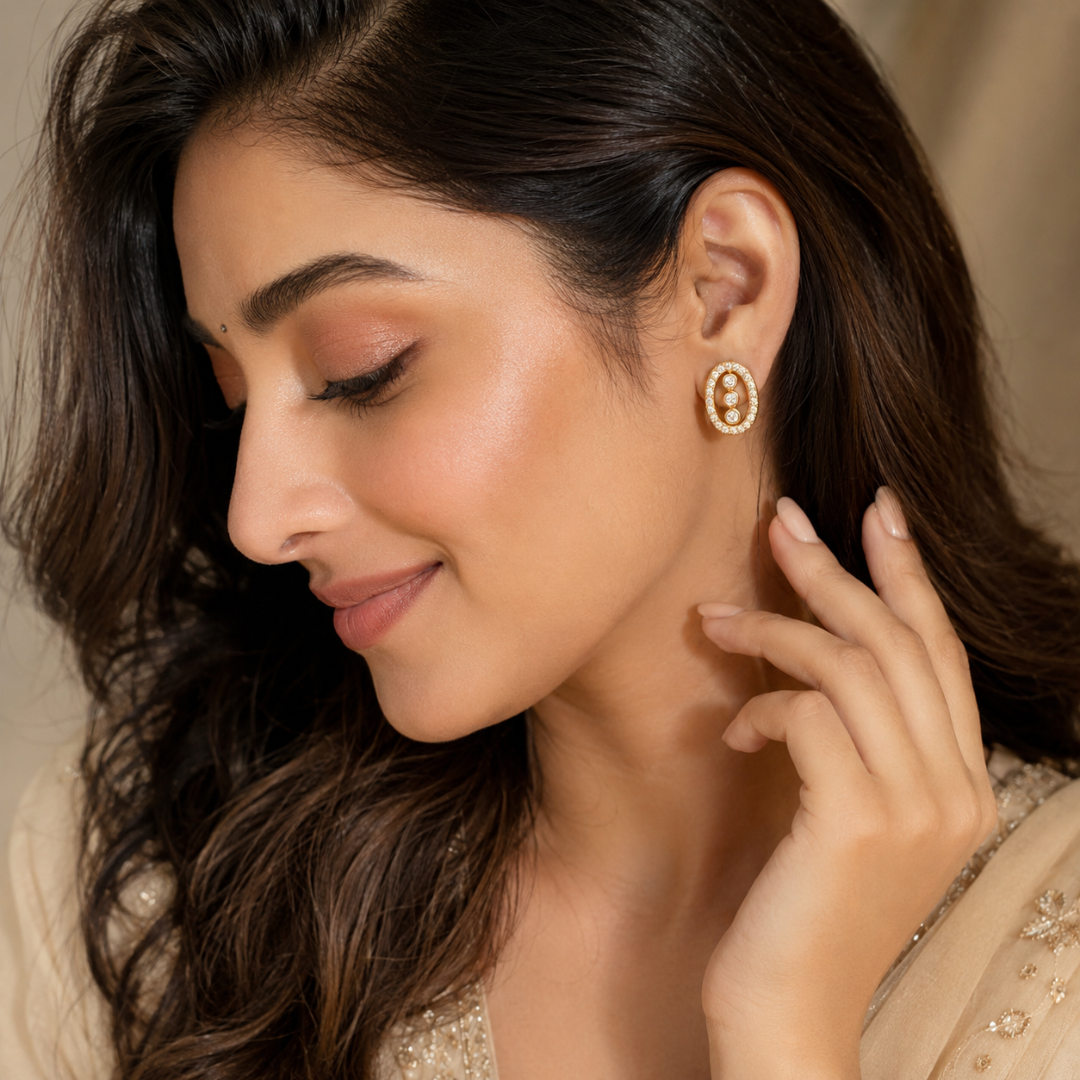 Gold Oval Halo Earrings with Three Crystals
