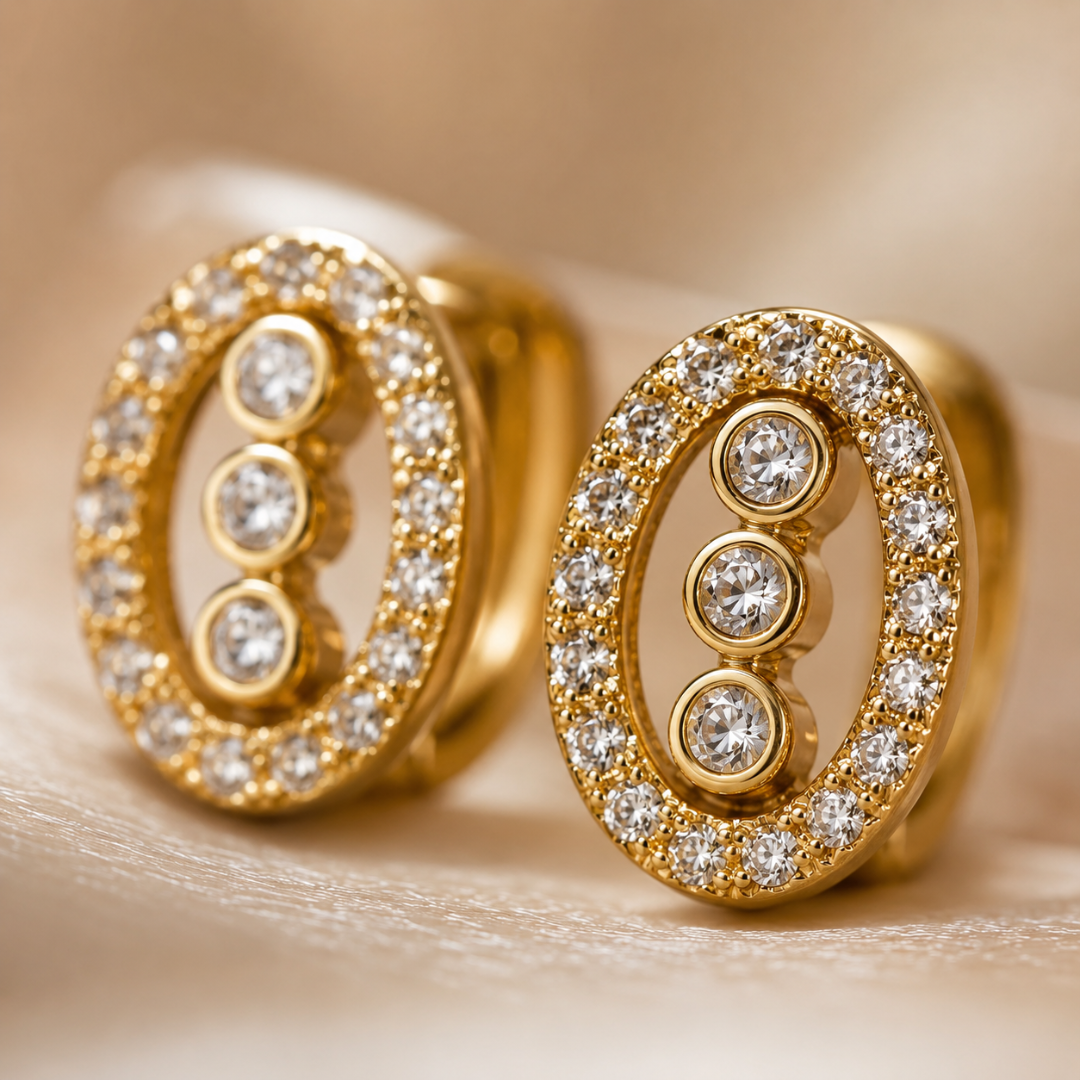 Gold Oval Halo Earrings with Three Crystals