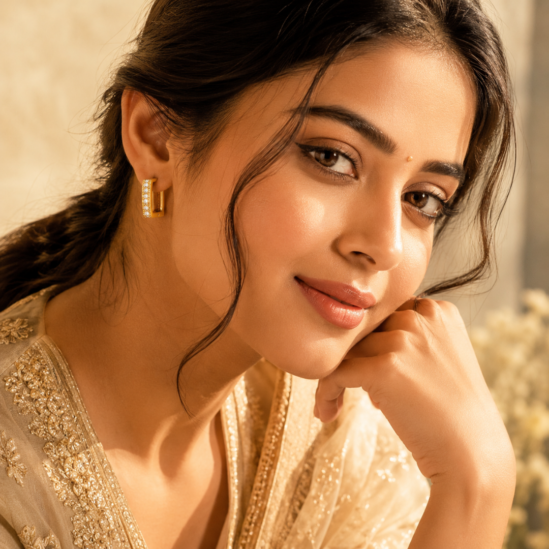 Gold Rectangular Hoop Earrings with Crystals