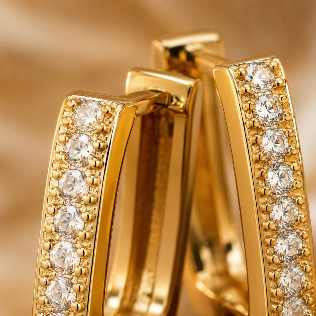 Gold Rectangular Hoop Earrings with Crystals