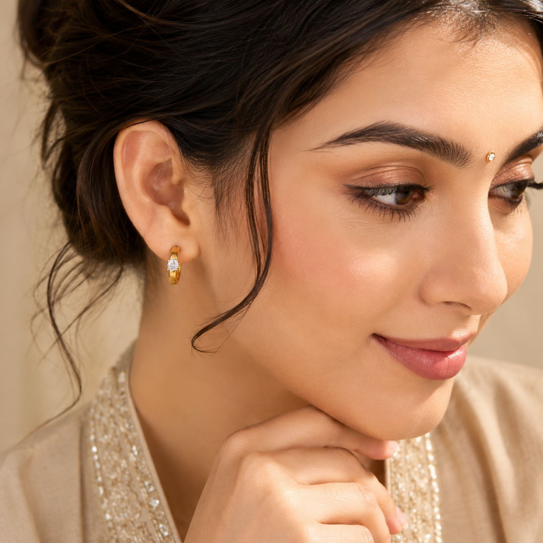 Wide Gold Huggie Earrings with Large Crystal