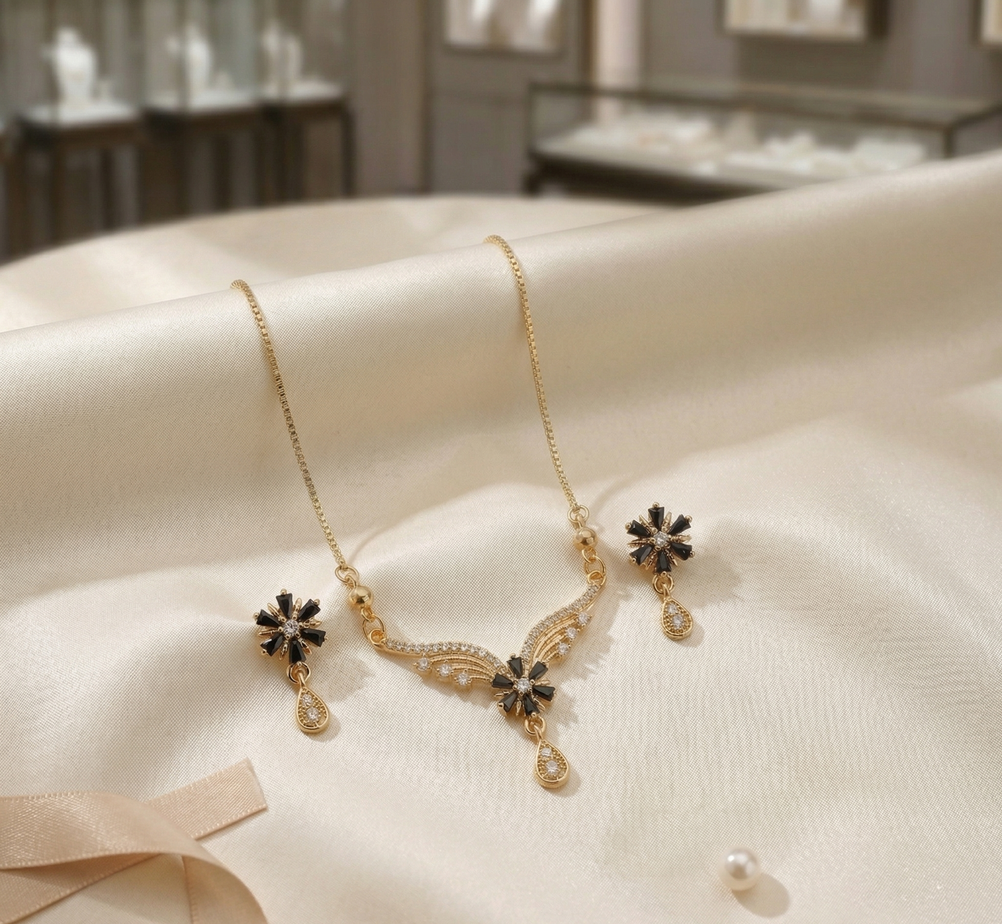 Wedding Wear Black Flower Pendant and Earrings Set