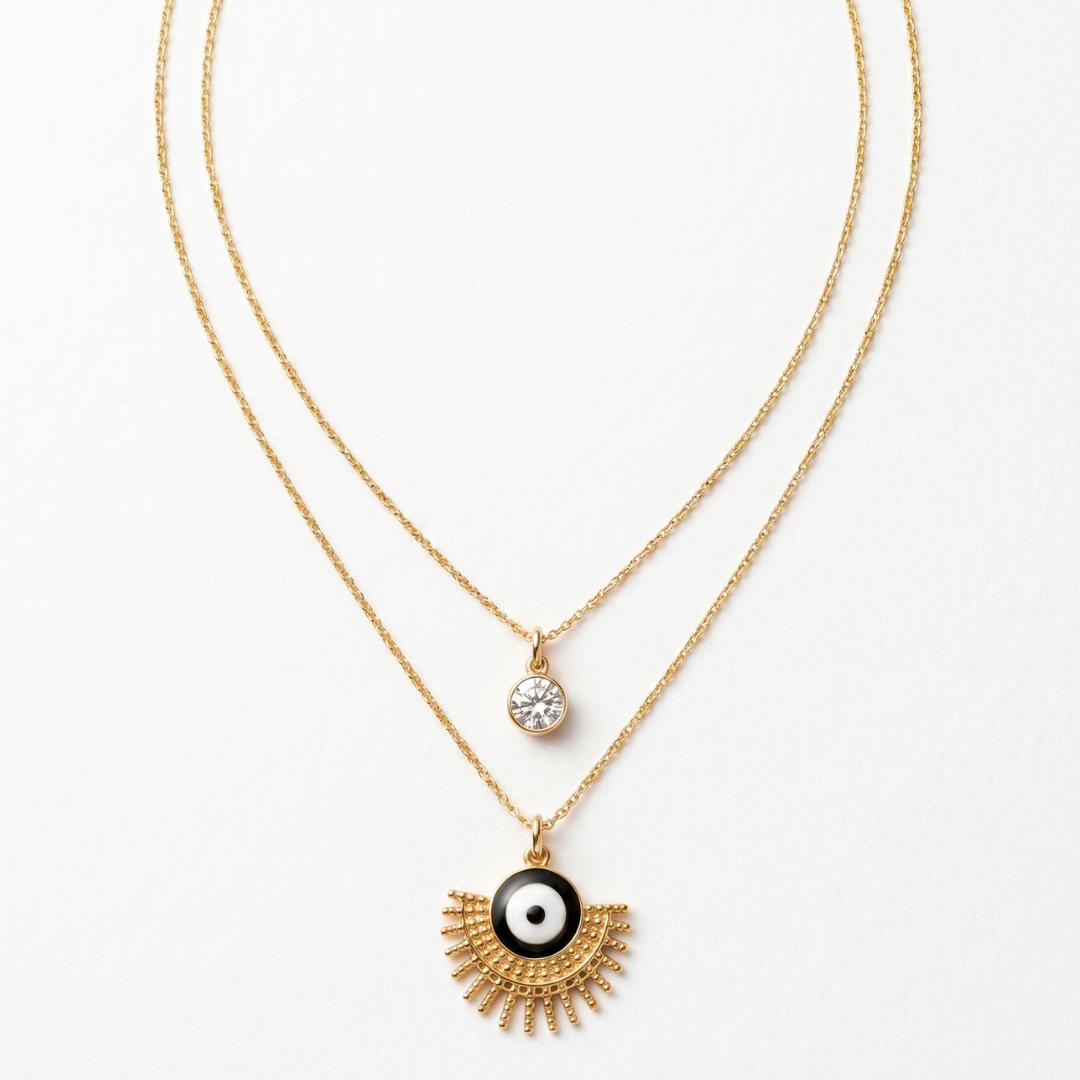 Double Chain Crystal & Black Evil Eye Pendant