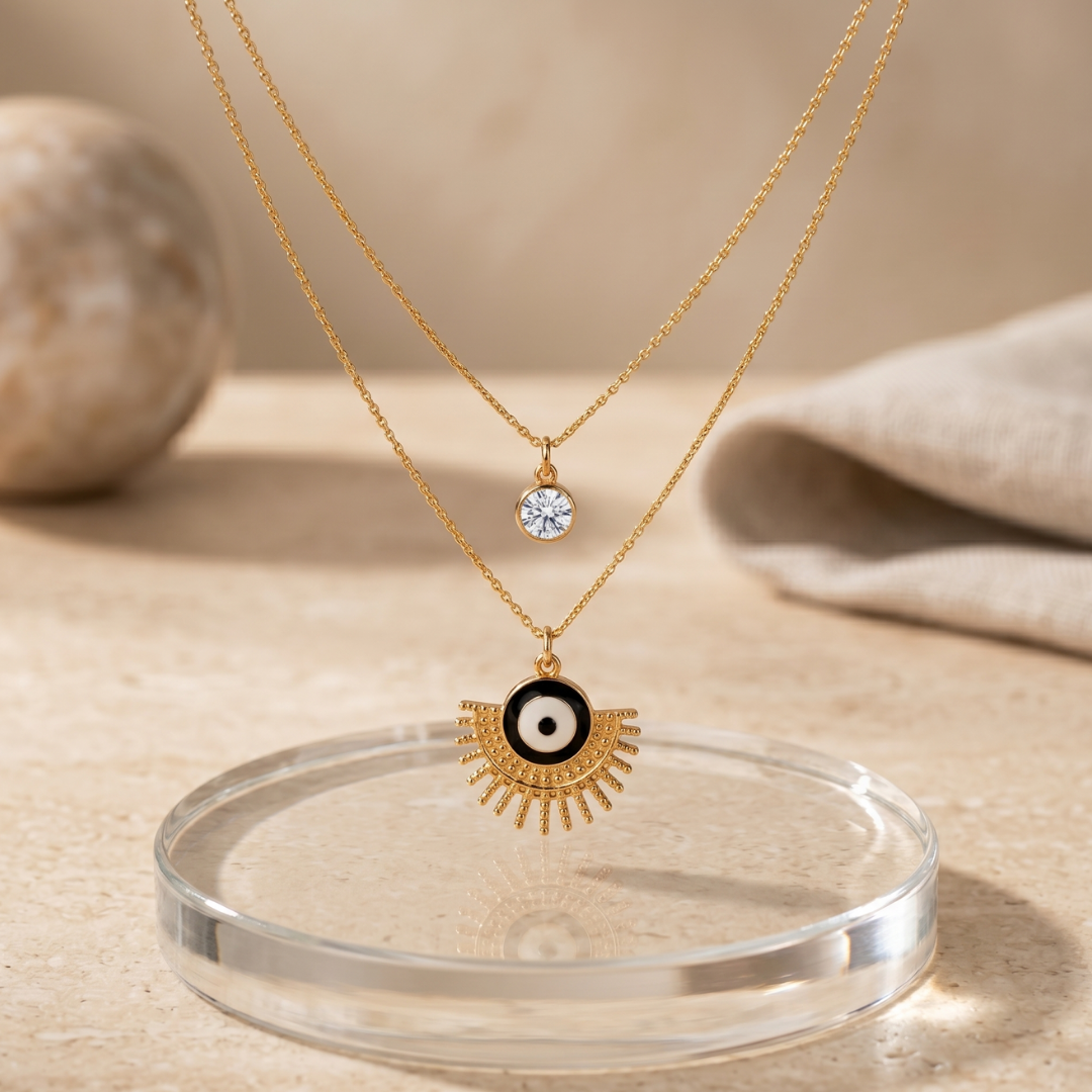 Double Chain Crystal & Black Evil Eye Pendant