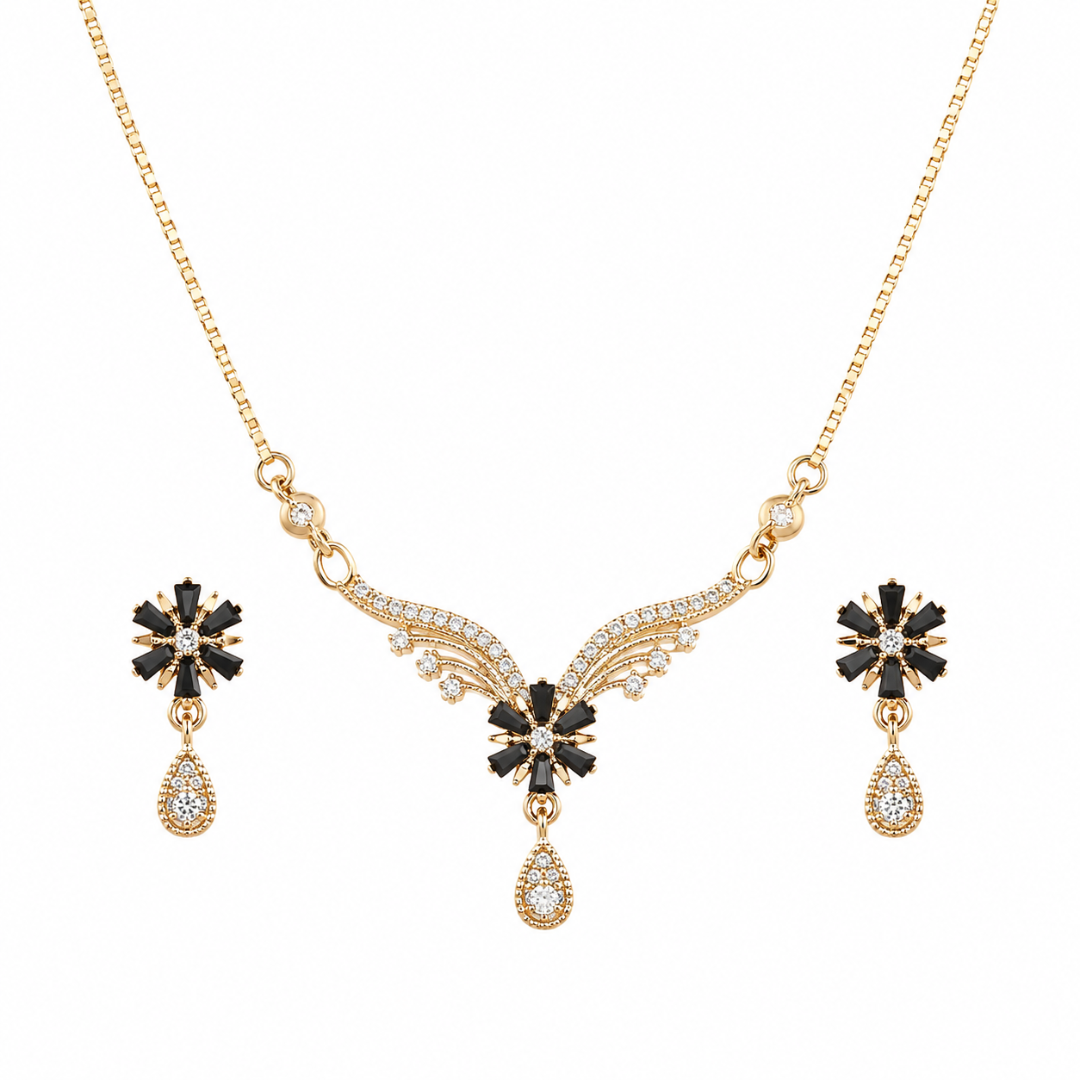 Wedding Wear Black Flower Pendant and Earrings Set