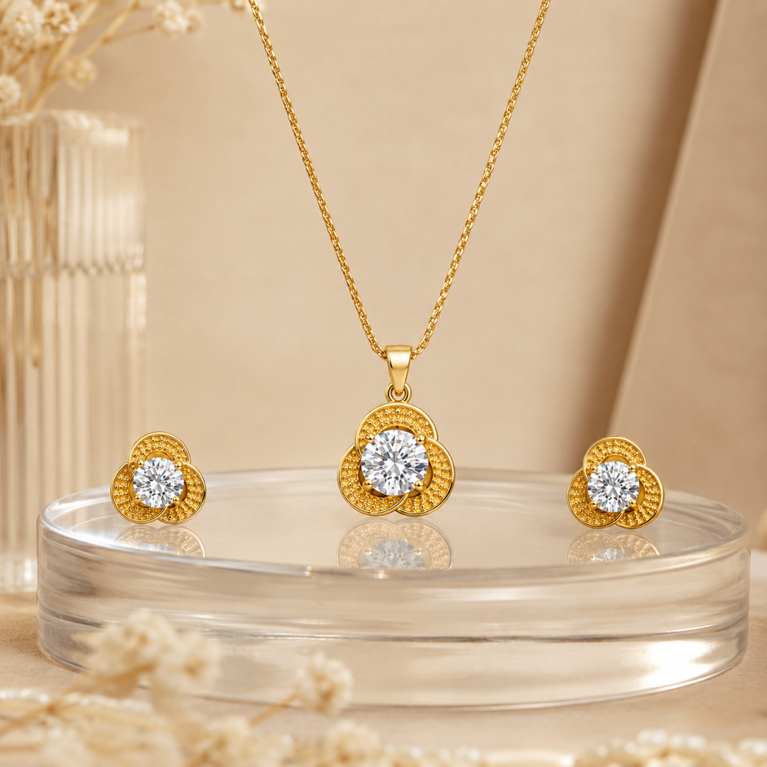 Textured Gold Solitaire Pendant Set