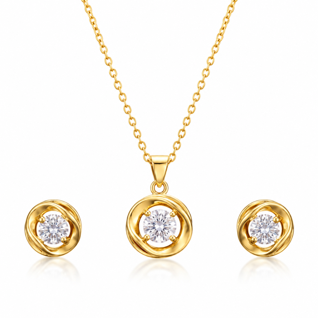 Gold Swirl Pendant Set with Round Solitaire