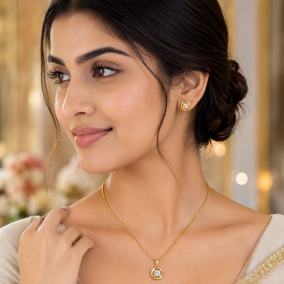Gold Swirl Pendant Set with Round Solitaire