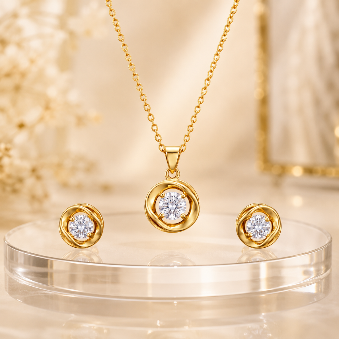 Gold Swirl Pendant Set with Round Solitaire