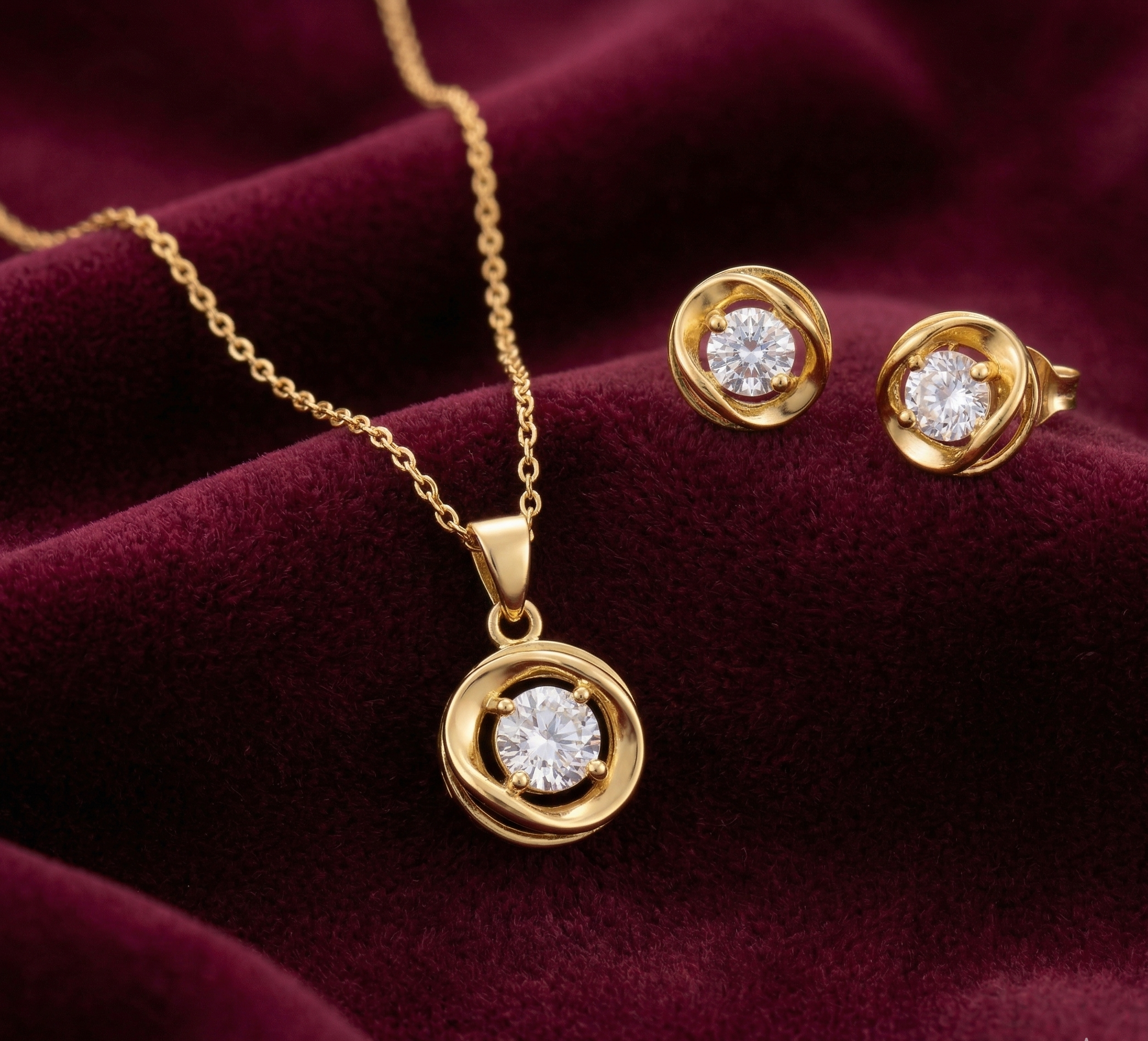 Gold Swirl Pendant Set with Round Solitaire