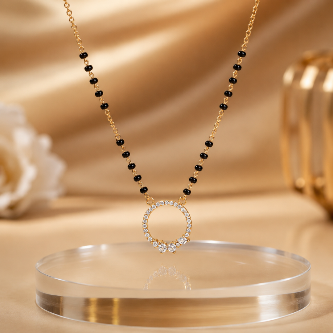 Gold Halo Pendant Mangalsutra with Floral Marquise Crystals