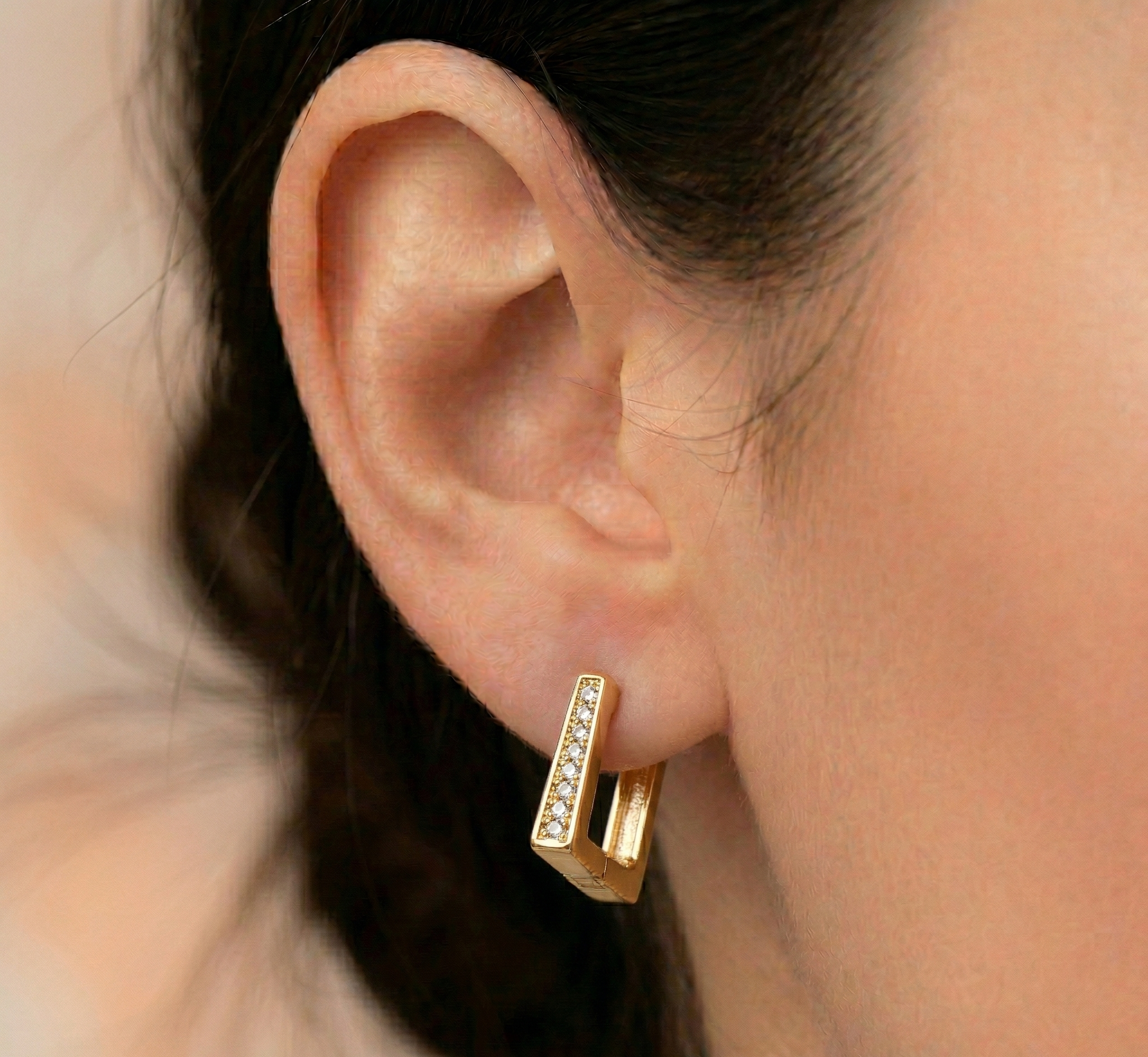 Gold Rectangular Hoop Earrings with Crystals