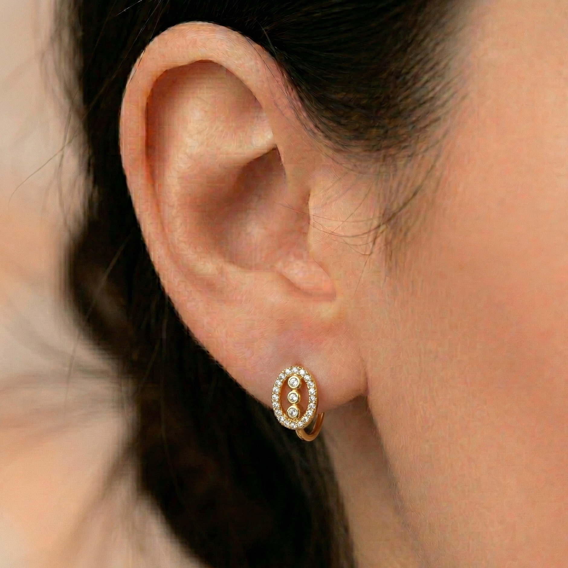 Gold Oval Halo Earrings with Three Crystals