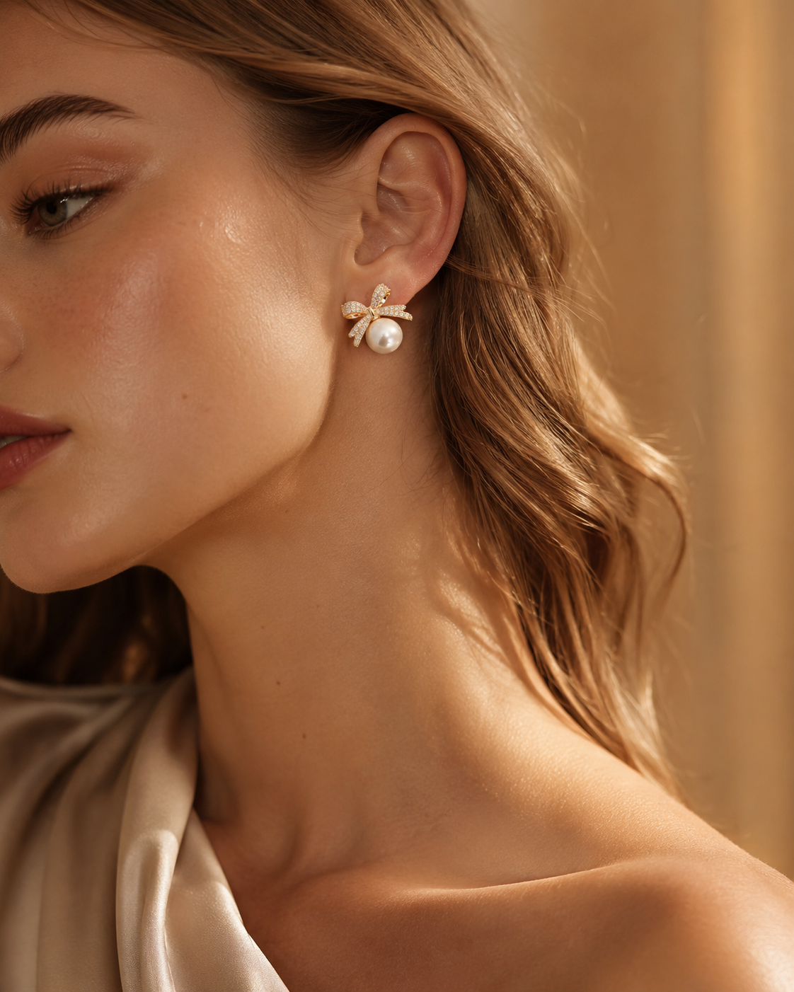 The Korean Coquette Crystal Pearl Bow Studs