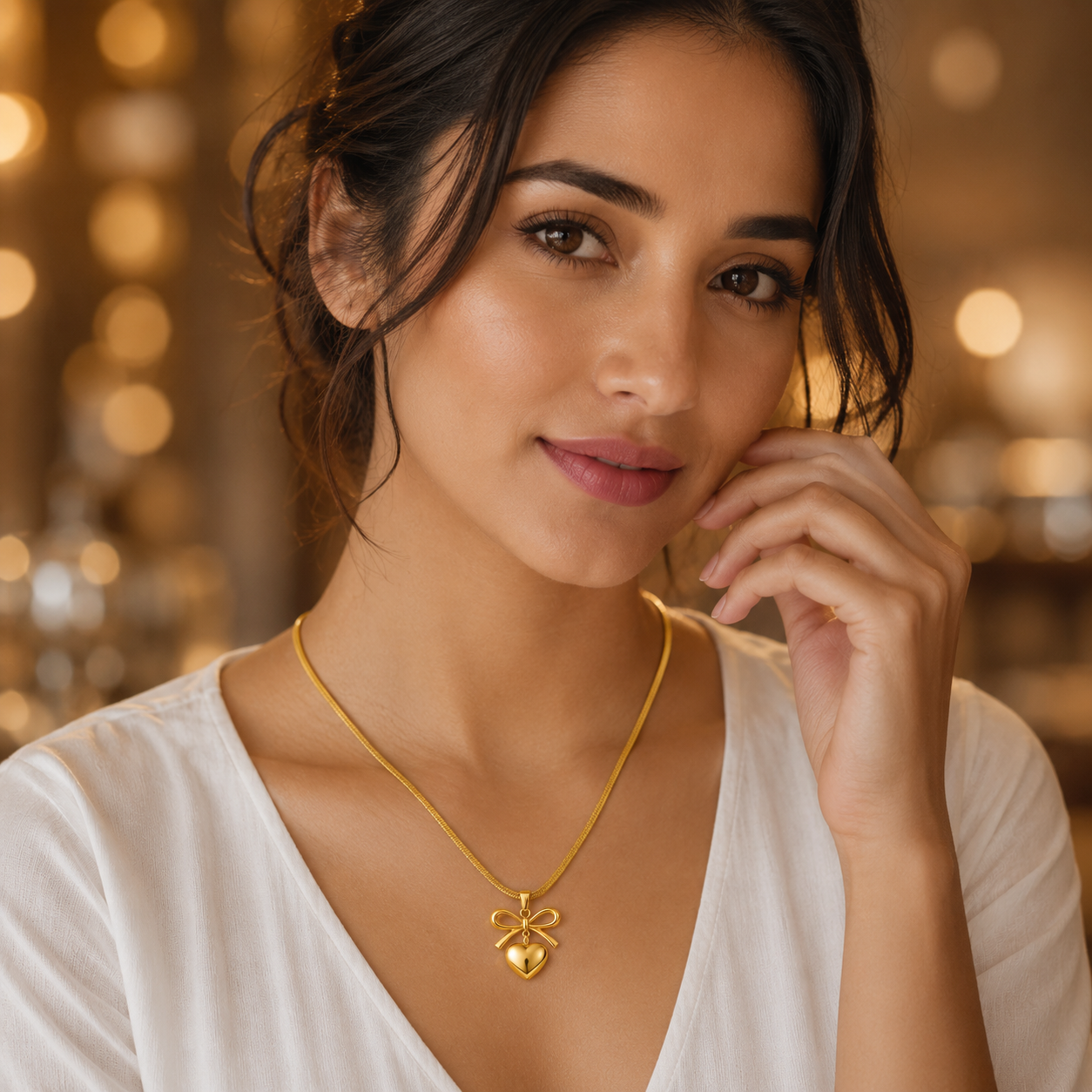 La Belle 18K Gold Herringbone Bow & Heart Pendant