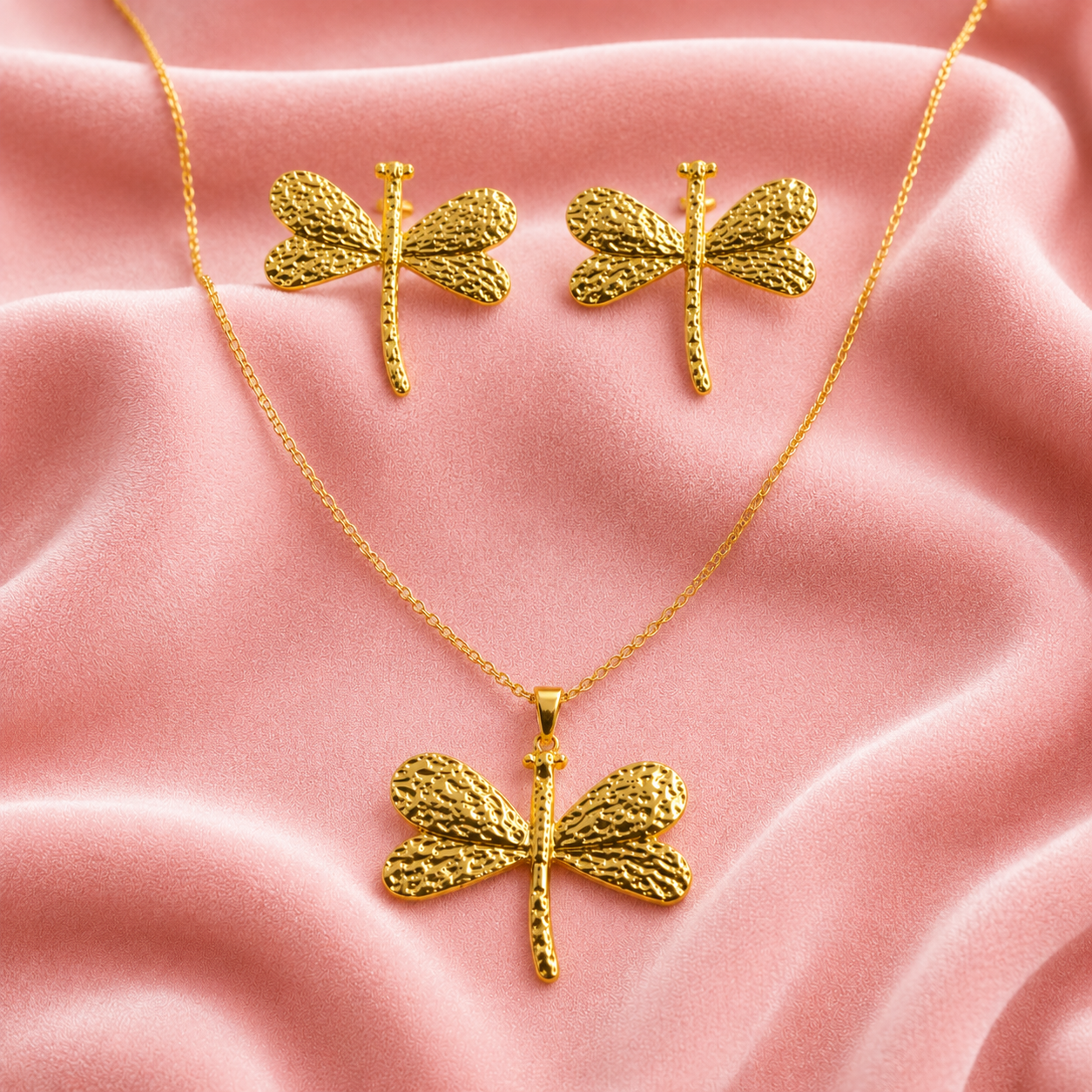 18K Gold Textured Dragonfly Jewelry Set