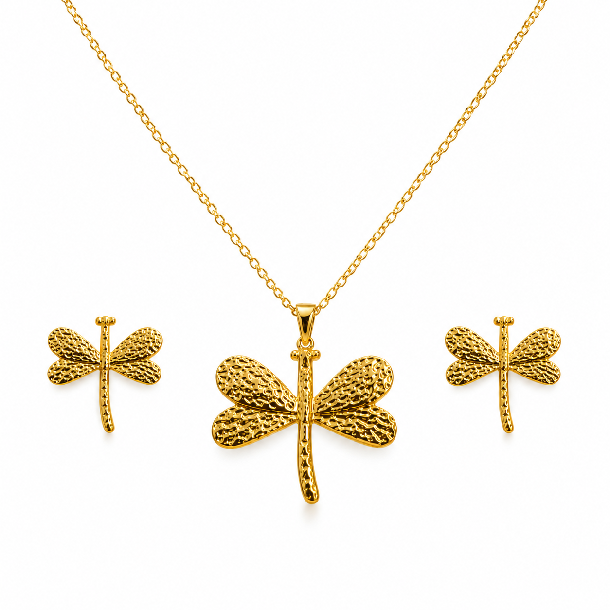 18K Gold Textured Dragonfly Jewelry Set