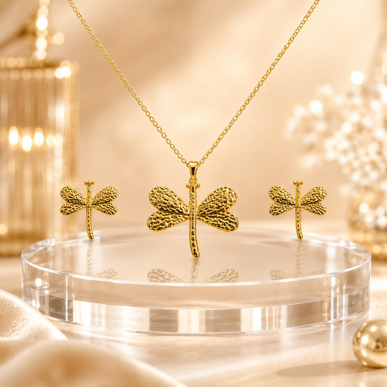 18K Gold Textured Dragonfly Jewelry Set