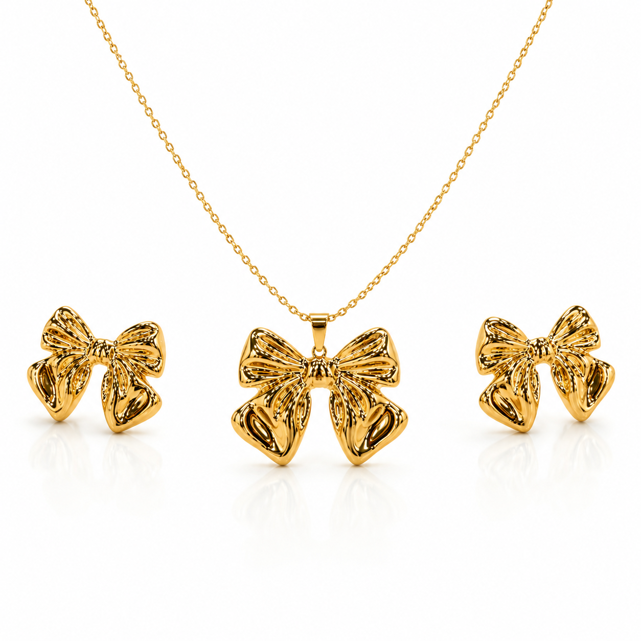 18K Gold Ribbed Petal Pendant Set