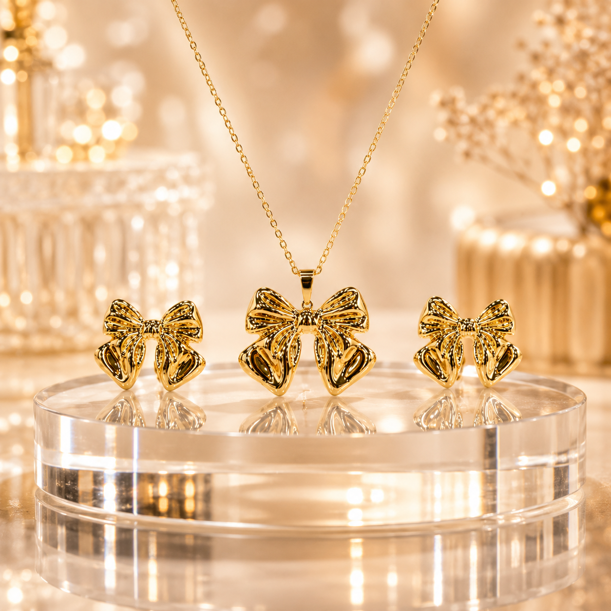 18K Gold Ribbed Petal Pendant Set