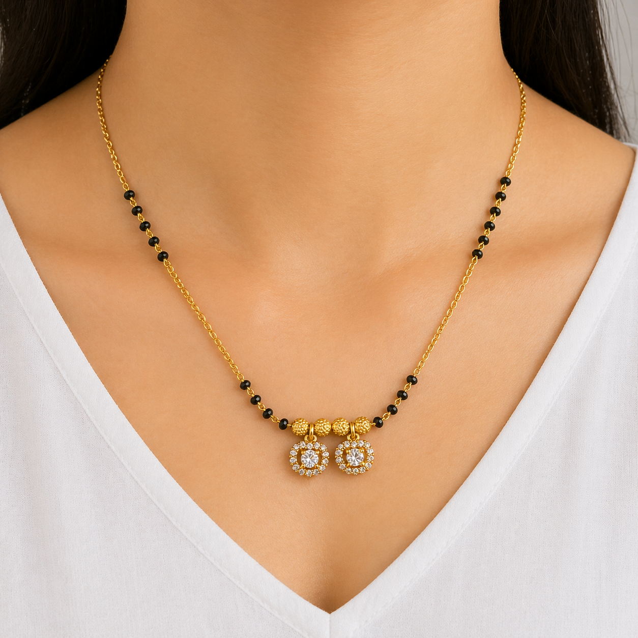 Modern Black Bead Mangalsutra with Solitaire Pendants