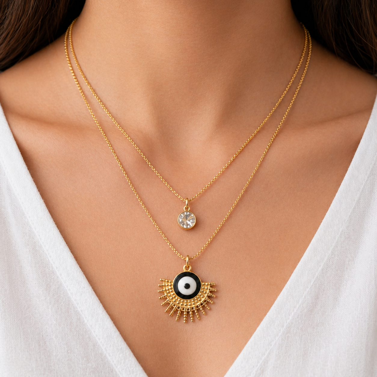 Double Chain Crystal & Black Evil Eye Pendant