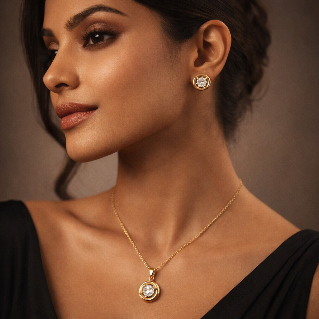 Gold Swirl Pendant Set with Round Solitaire