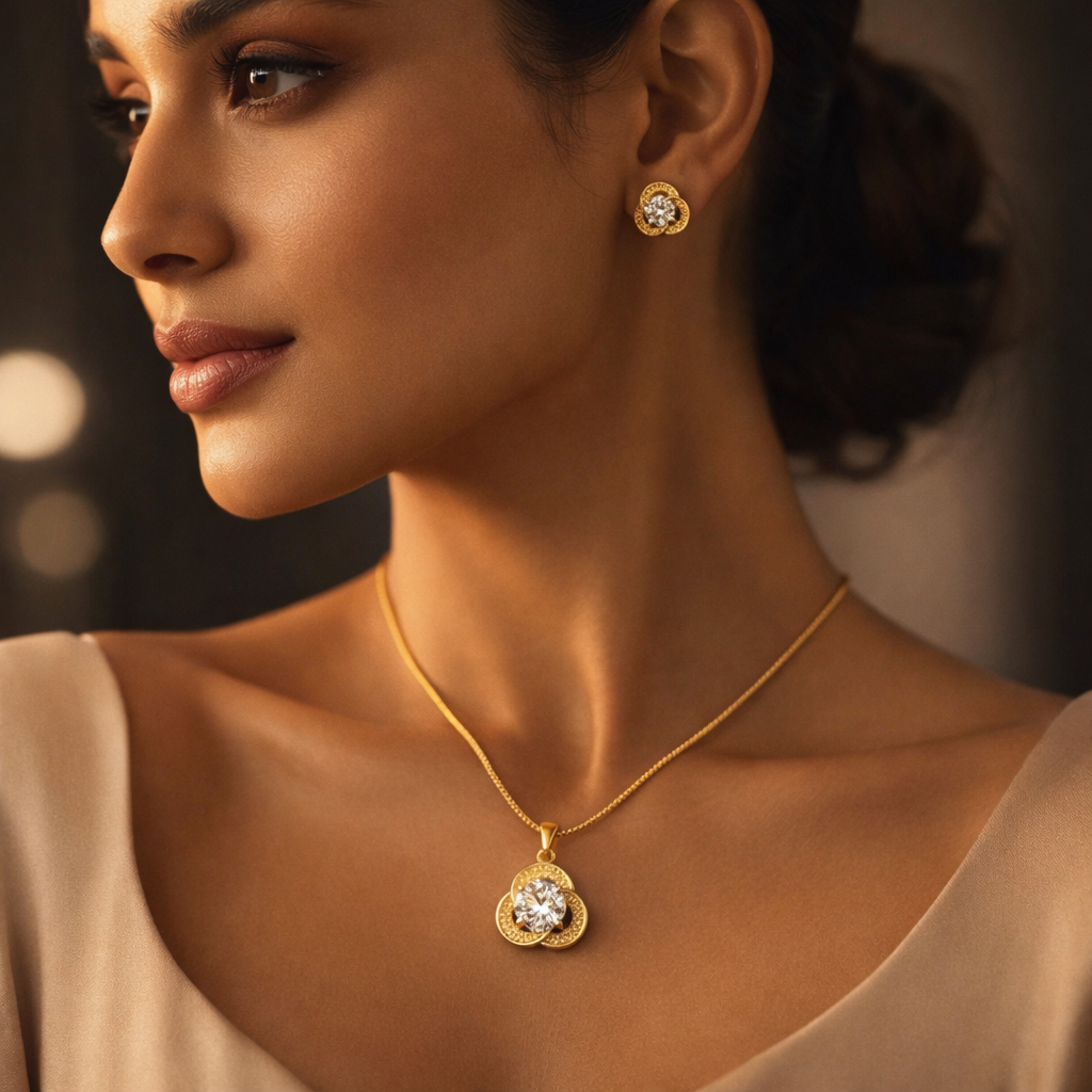 Textured Gold Solitaire Pendant Set