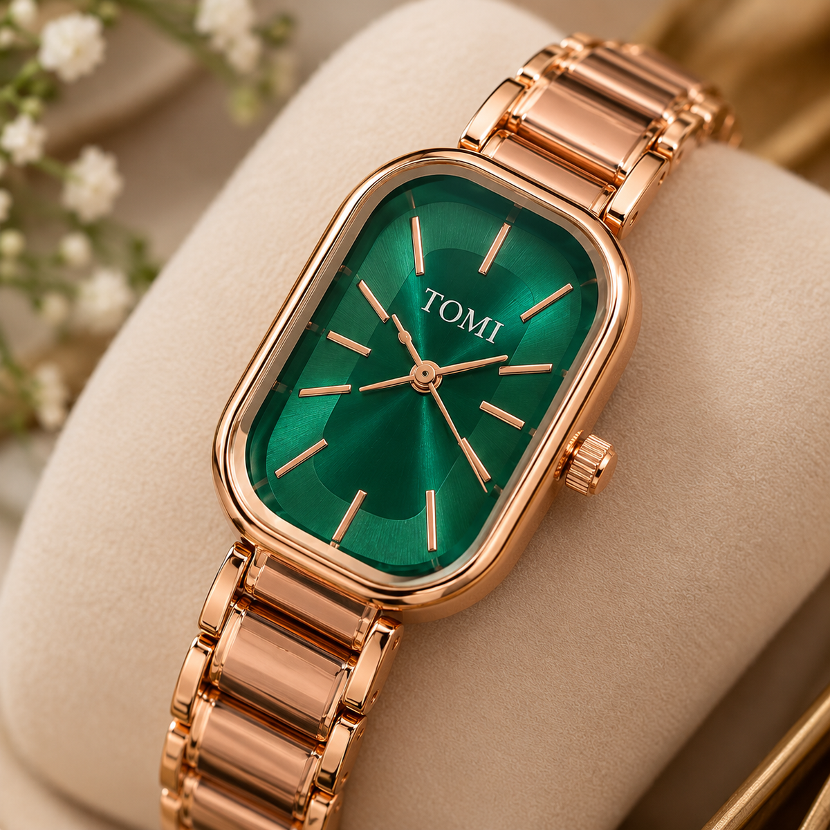 Emerald Glow Rose Gold Rectangular