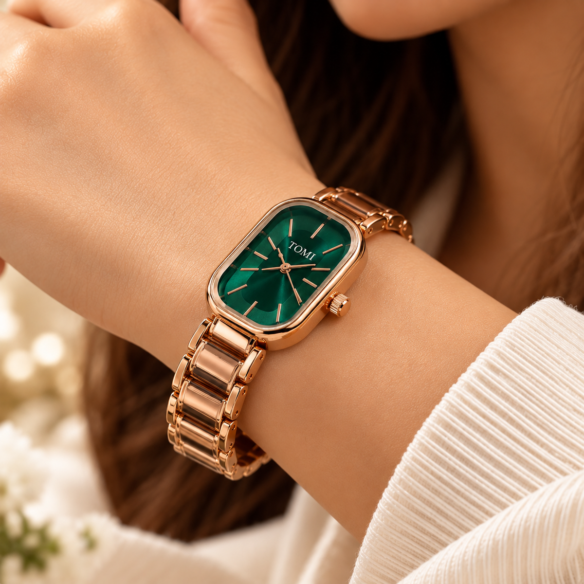 Emerald Glow Rose Gold Rectangular