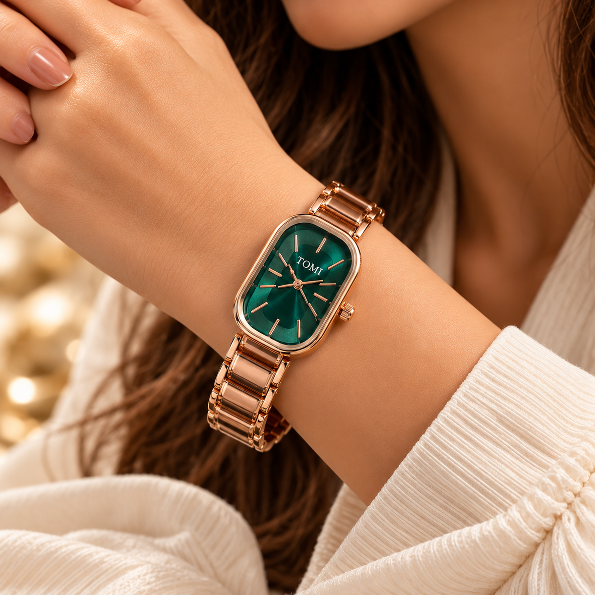 Emerald Glow Rose Gold Rectangular