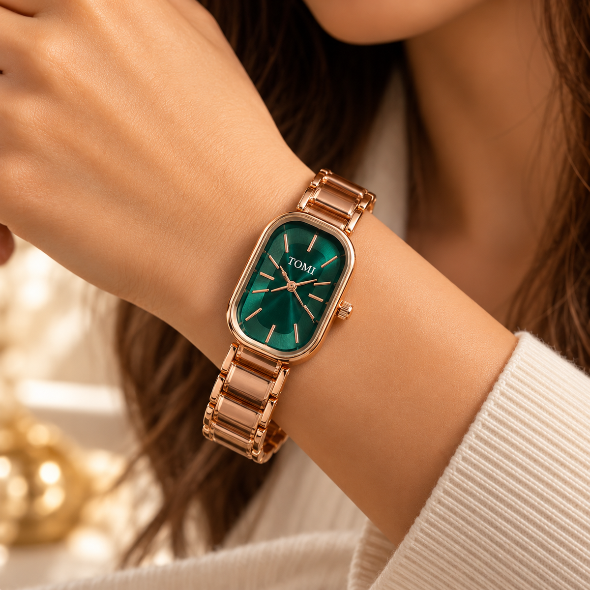 Emerald Glow Rose Gold Rectangular