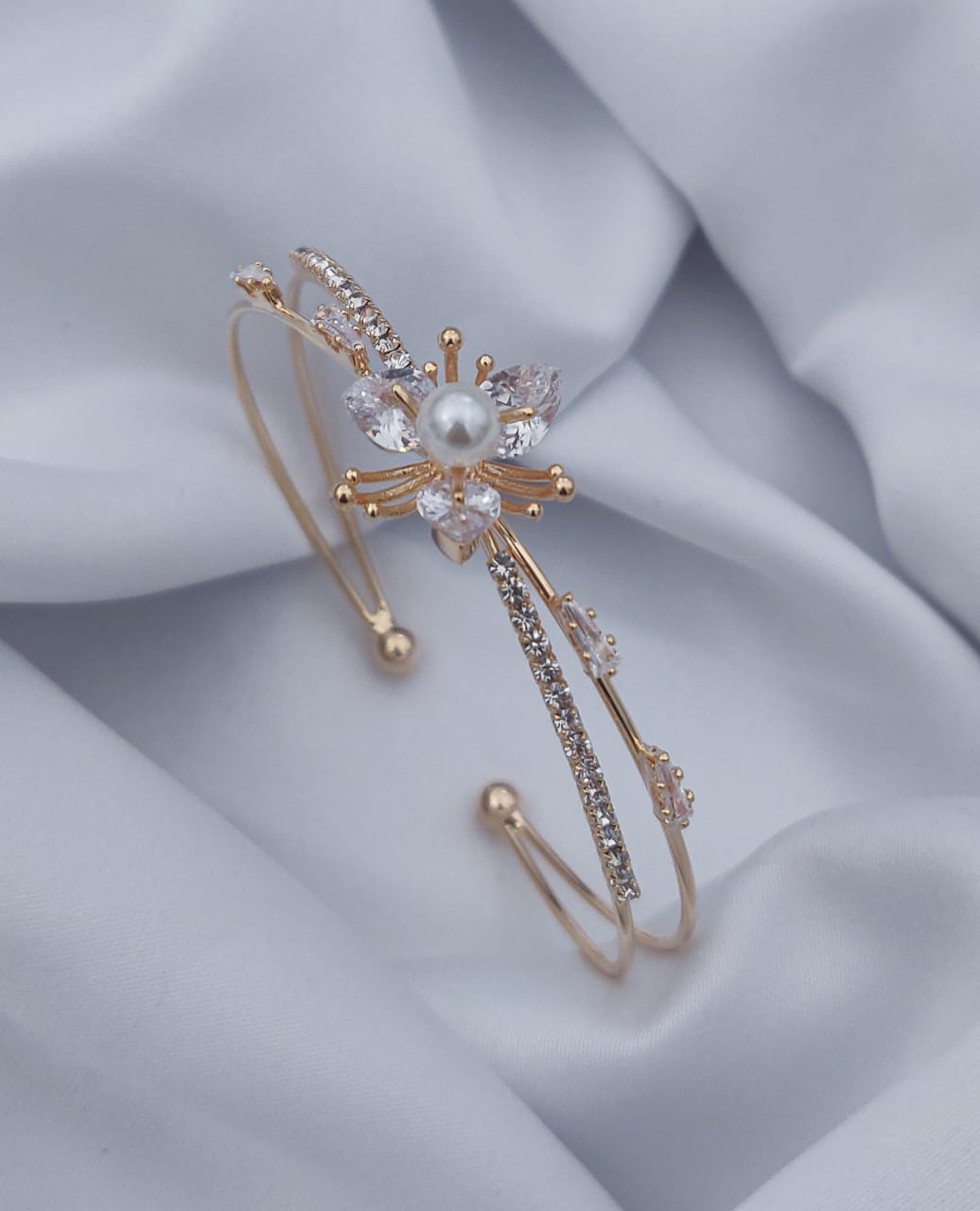 Crystal Halo & Pearl Open Bracelet