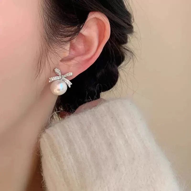 The Korean Coquette Crystal Pearl Bow Studs