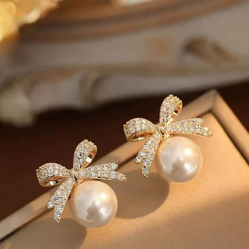 The Korean Coquette Crystal Pearl Bow Studs