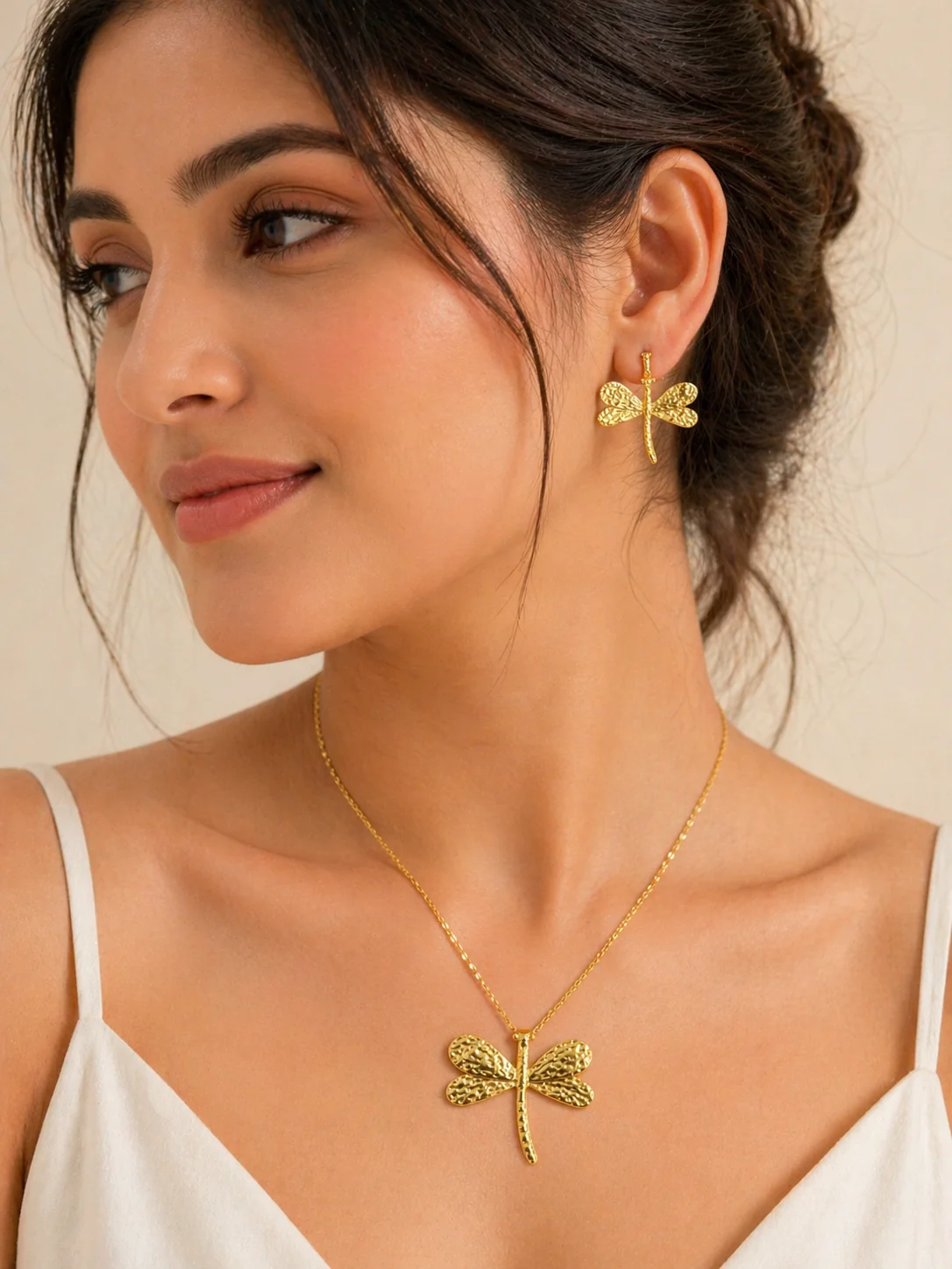 18K Gold Textured Dragonfly Jewelry Set