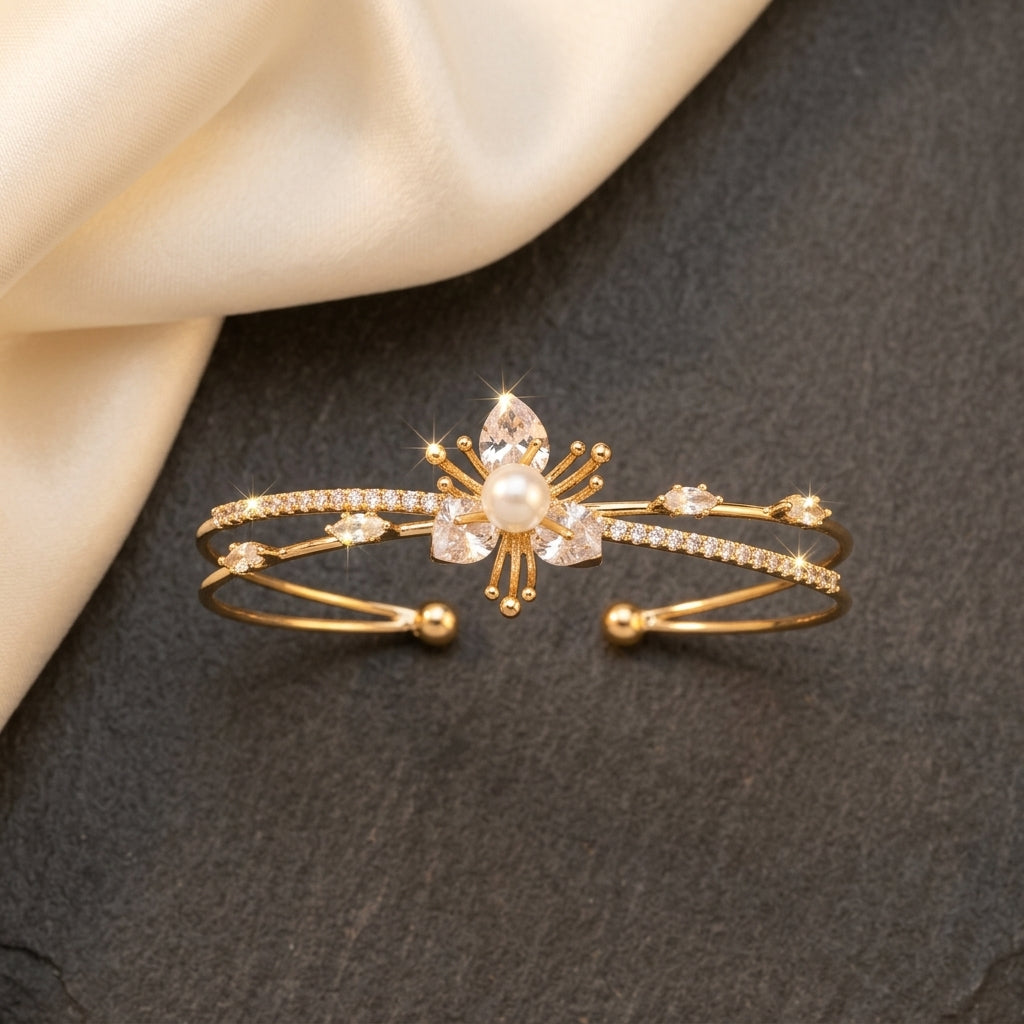 Crystal Halo & Pearl Open Bracelet