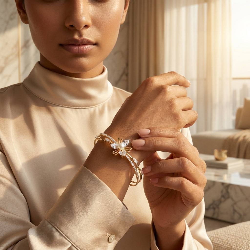 Crystal Halo & Pearl Open Bracelet