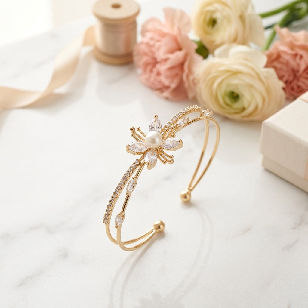 Crystal Halo & Pearl Open Bracelet