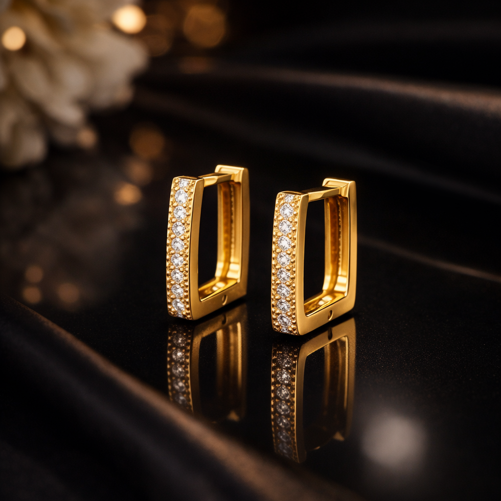Gold Rectangular Hoop Earrings with Crystals
