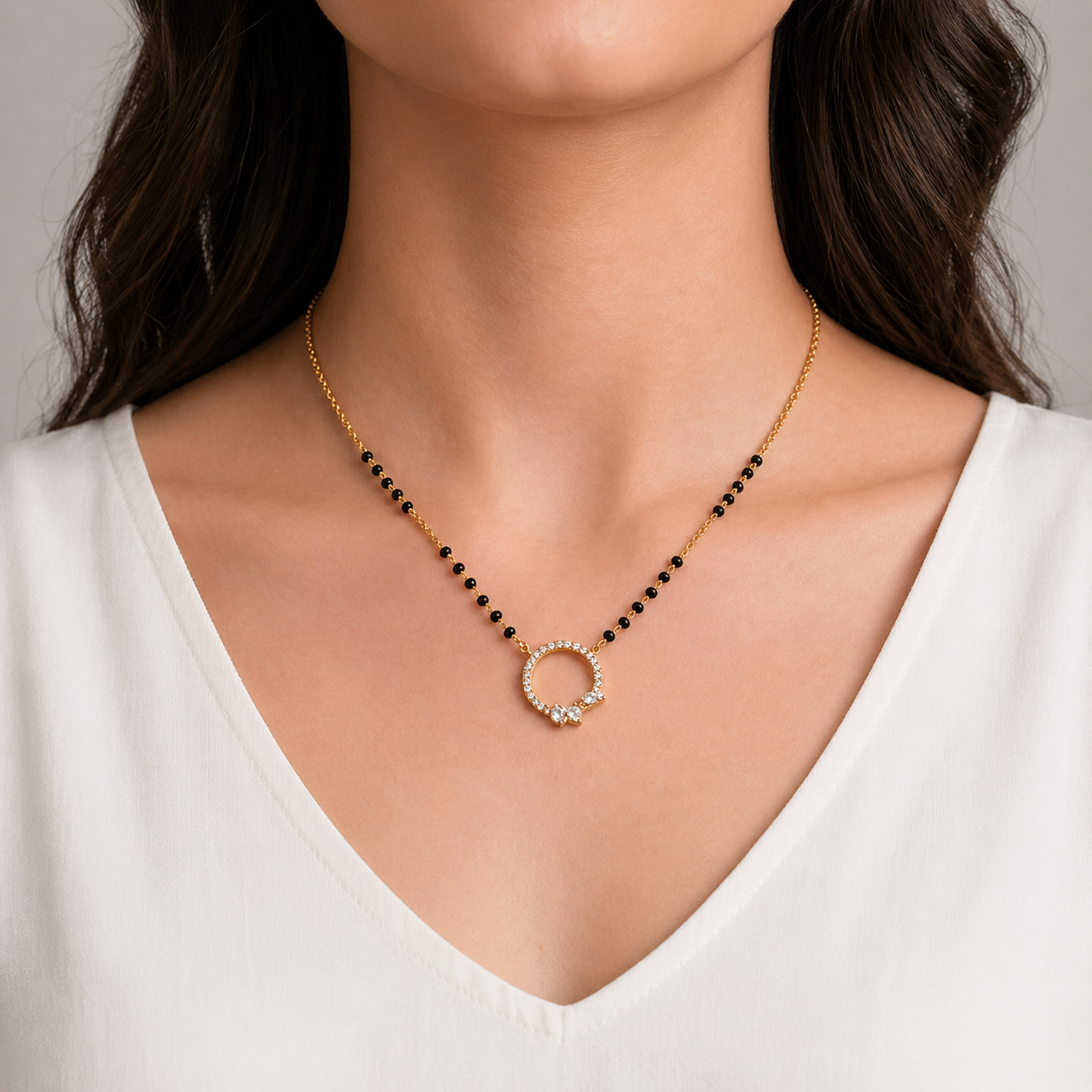 Gold Halo Pendant Mangalsutra with Floral Marquise Crystals