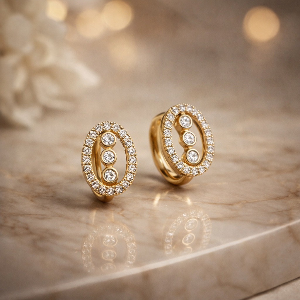 Gold Oval Halo Earrings with Three Crystals