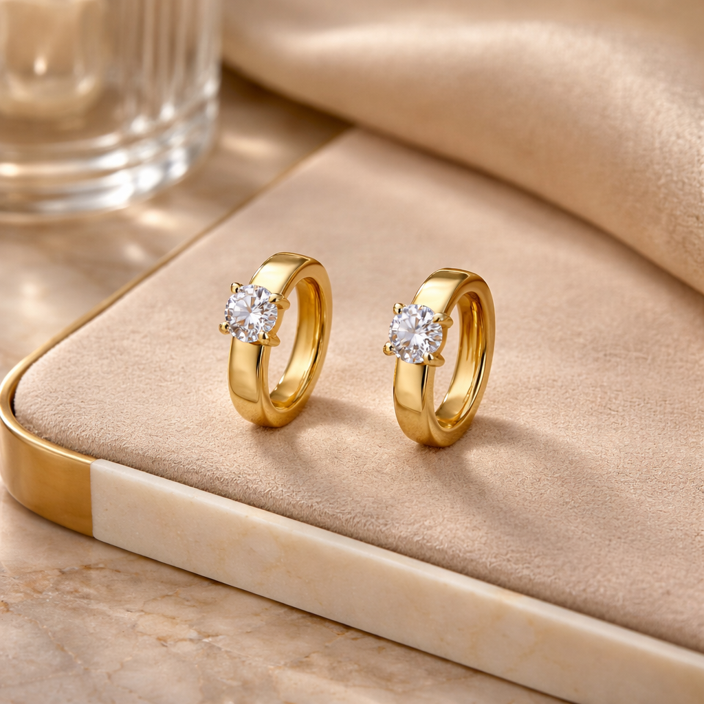 Wide Gold Huggie Earrings with Large Crystal