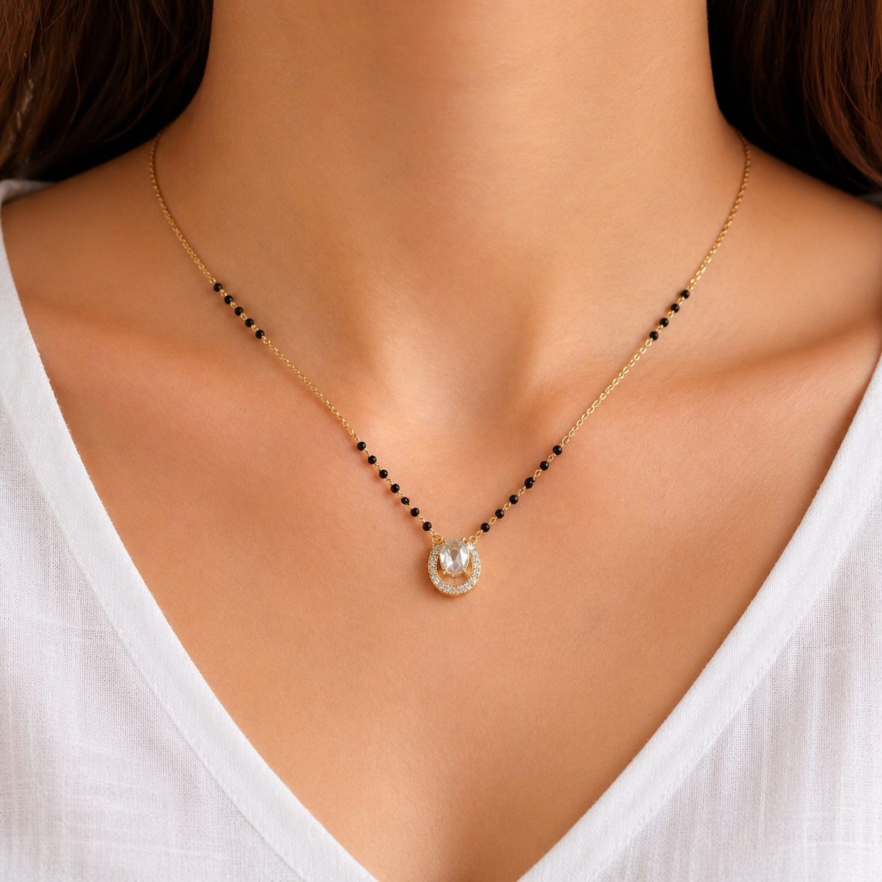 Gold Oval Solitaire Short Mangalsutra
