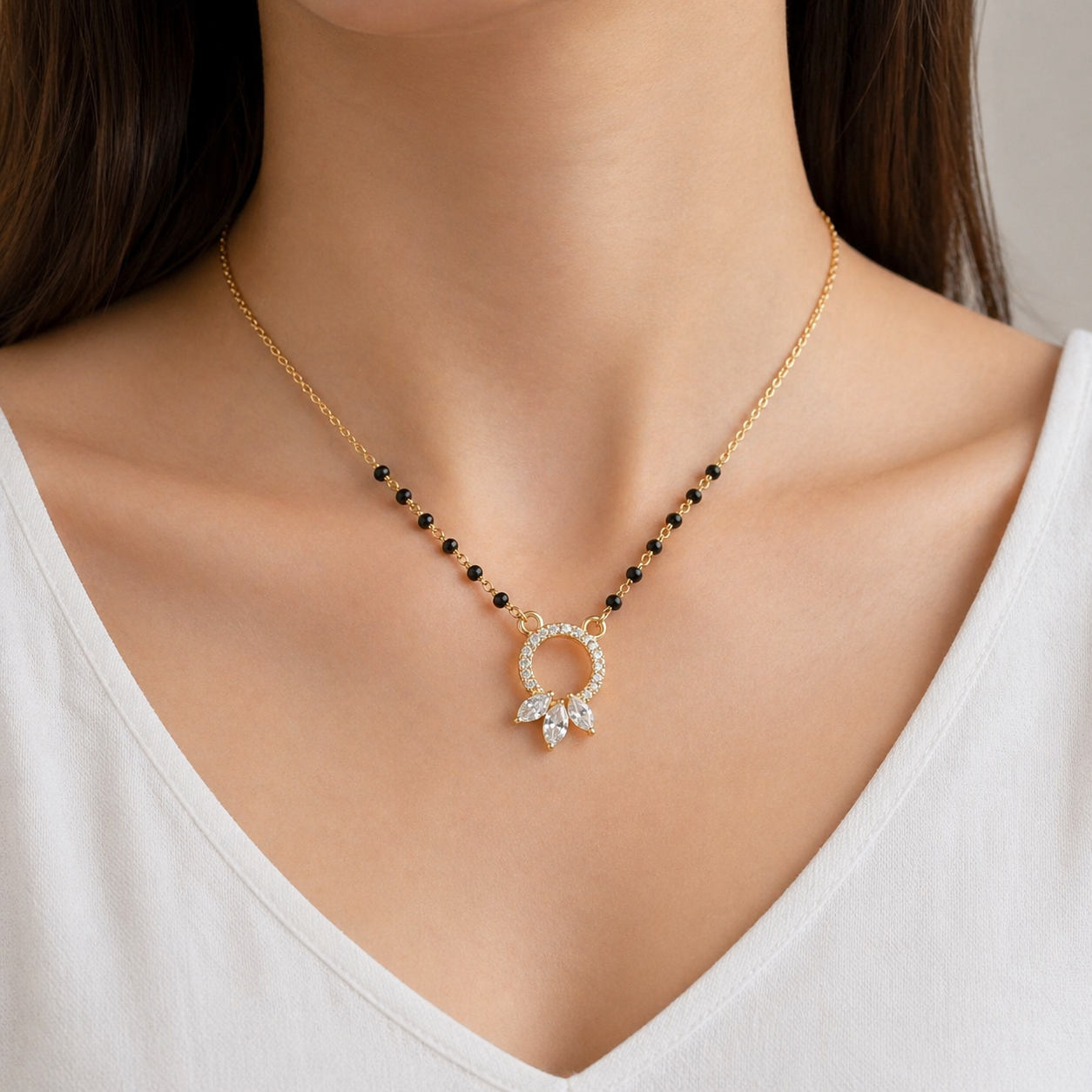 American Diamond Circle Mangalsutra with Leaf Charms