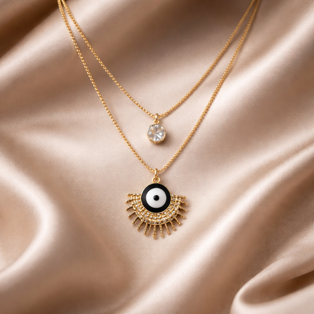 Double Chain Crystal & Black Evil Eye Pendant